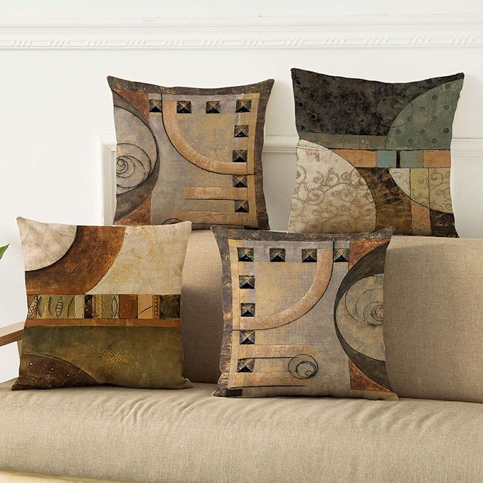 WOMHOPE Set of 4 Vintage Geometric Decorative Throw Pillow Covers Pillow Cases Cushion Cases 18 x 18 Inch for Living Room,Couch and Bed (Brown)