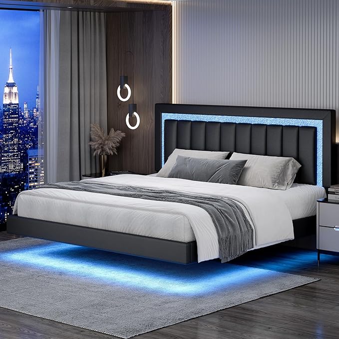 HOMBCK Floating Bed Frame King with Smart LED Lights, Faux Leather Upholstered Platform Bed with Diamond PU Headboard, No Box Spring Needed, Noise-Free, Easy Assembly, Black