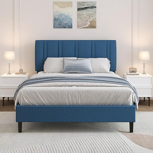 Full Bed Frame with Headboard and Storage, Upholstered Platform Bed with Tufted Headboard, Fabric Bed Frame with Wooden Slats Support, No Box Spring Required, Easy Assembly, Blue