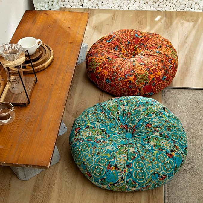 vctops Boho Cotton Linen Round Chair Seat Cushions for Dining Kitchen Office Chairs Patio Super Soft Printed Chair Pads Floor Pillow (Blue,22"x22")