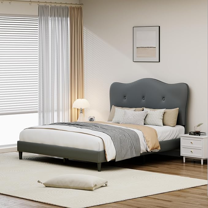 Twin Size Bed Frame, Upholstered Bed Frame with Headboard, Platform Bed Frame with Wood Slats Support, No Box Spring Needed, Adjustable Height Headboard, Dark Grey