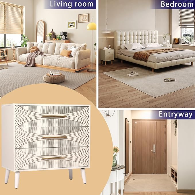 3 Drawer Dresser, White Wooden Dresser with Metal Handles, Bedroom Storage Organizer, Living Room TV Stand, Entryway Furniture, Texture White