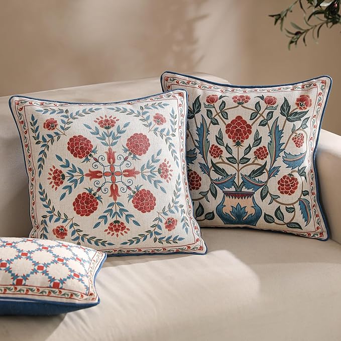 patdrea Designer Throw Pillow Covers Set of 2,Square Brilliant Vintage Red Tropical Linen with Floral Pattern Pillow Cover,Decorative Pillowcases Cushion for Bed Living Room Outdoor Car,18"x18"