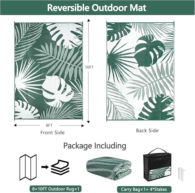 Waterproof Outdoor Rug 8x10 ft, Reversible Plastic Straw Mat with Leaf Pattern, Large Floor Mat for Patio, Camping, Picnic, Backyard RV, Deck, Dark Green