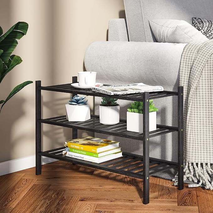 Shoe Rack, 3-Tier Bamboo Stackable Shoe Shelf Storage Organizer, Shoe Stand for Closet, Entryway and Hallway