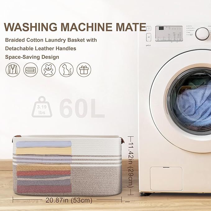 Laundry basket with leather handles for clothes,blankets,pillows,toys,towels,suitable for bedrooms,living rooms,cotton woven laundry hamper,extra large gift basket,(21"x15"x11",Beige Brown)