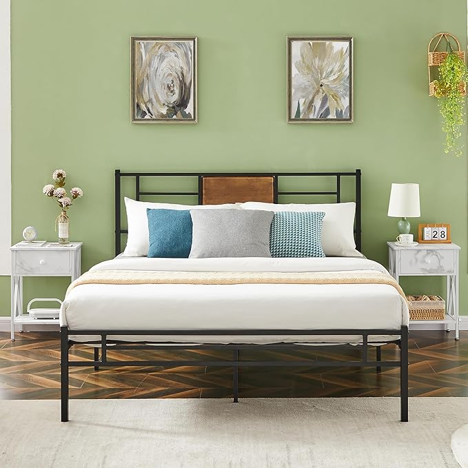 VECELO Nightstand,Modern Bedside End Table, Night Stand with Drawer and Storage Shelf for Living Room Bedroom, Industrial Metal Frame