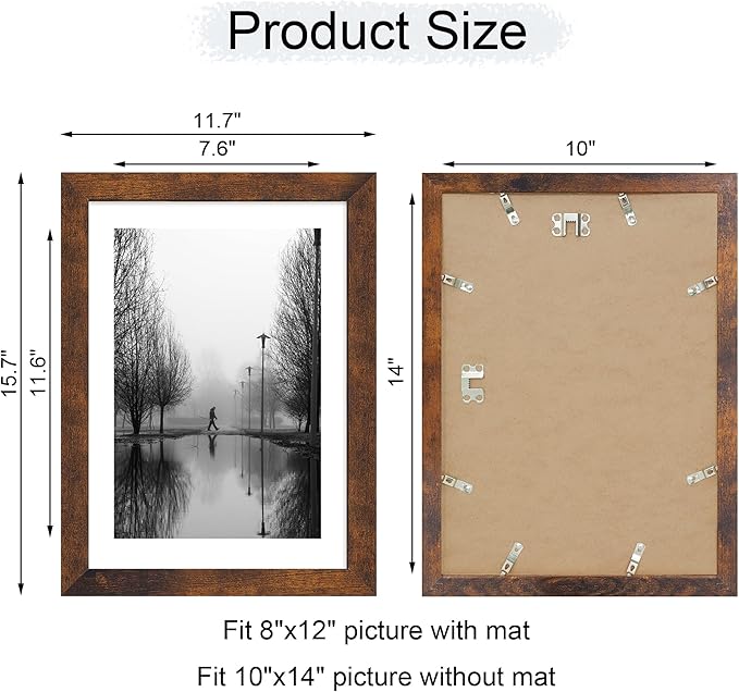 10x14 Picture Frame Set of 4 with Tempered Glass, Rustic Frame Display 8x12 Pictures with Mat or 10 x 14 Without Mat, Wooden Photo Frames for Wall Mounting