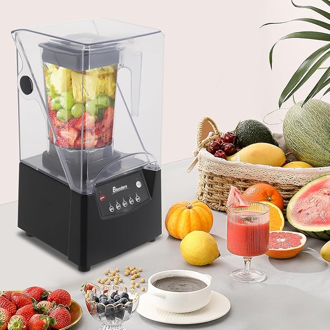 1.8L Professional Commercial Blender with Soundproof Cover, 2600W Industries Strong and Quiet Professional-Grade Power, with Custom Time and Removable Blades, Black