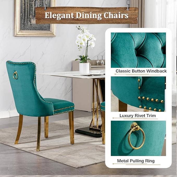 Goujxcy Small Round Dining Table Set for 4, Modern Glass Kitchen Table Chairs Set of 4, 5-Piece Dining Table Set w/36 Circle Gold Glass Dining Room Table and 4 Green Upholstered Dining Chairs