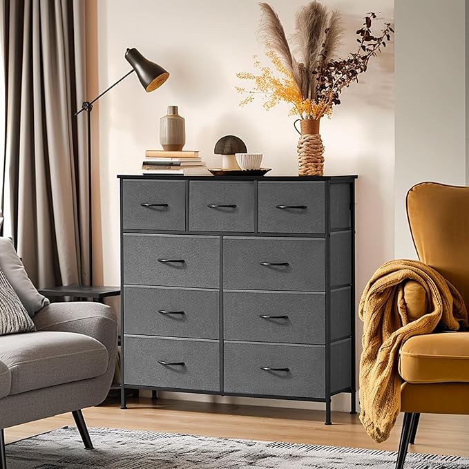 Sweetcrispy Dresser with 9 Drawers for Bedroom, Fabric Dresser Storage Tower, Chest of Drawers Organizer Unit, Storage Cabinet for Hallway, Closets, Steel Frame, Wood Top, Modern Grey