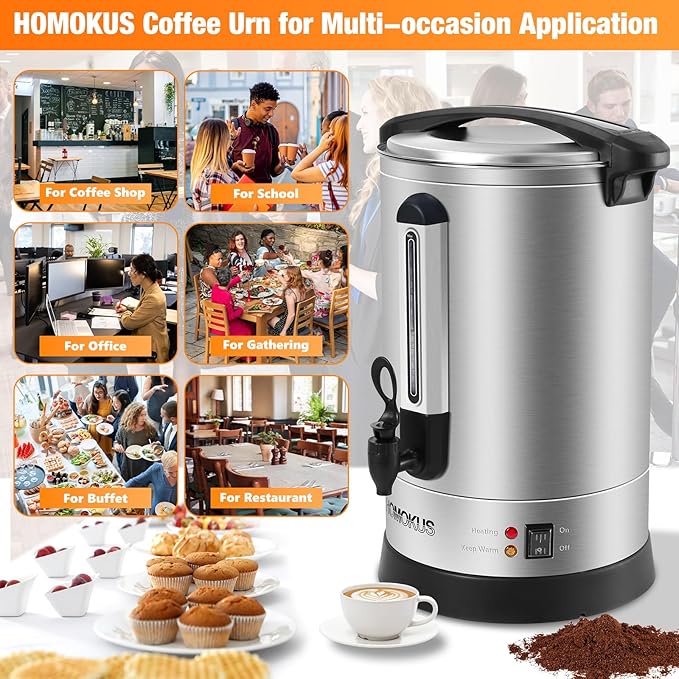 HOMOKUS Commercial Coffee Urn,14.2L Large Coffee Maker,100 Cup Double Wall Stainless Steel Coffee Dispenser,1500W Quick Brew Electric Coffee Percolator with Upgraded Internal Stage for Gathering