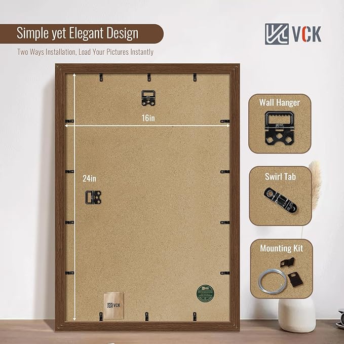 VCK 16x24 Poster Frame Set of 4 - Brown, Gallery-Quality Wood Picture Frames, 1.1-Inch Wide Border, Polished Plexiglass, Vertical or Horizontal Wall Display for Photo/Art/Prints, Brown