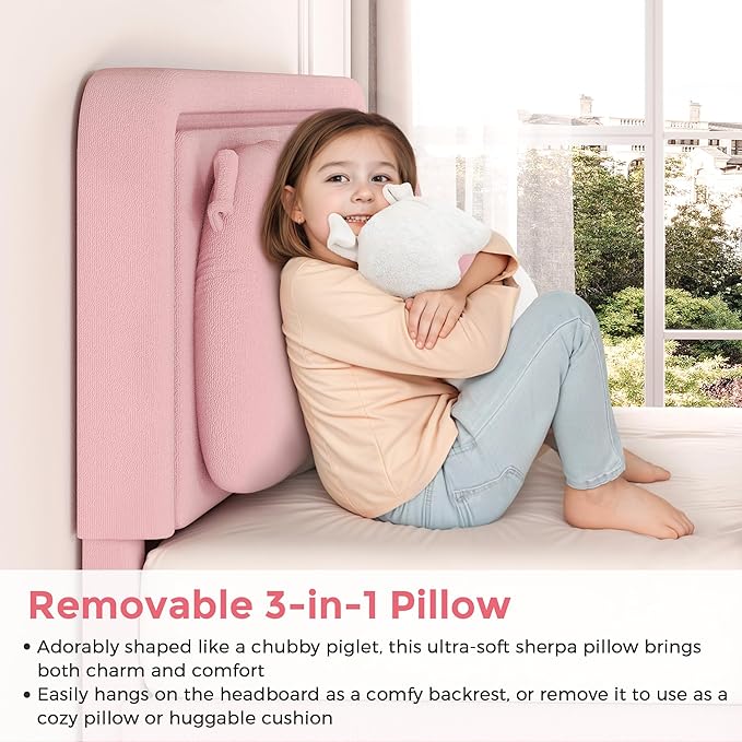 Twin Size Upholstered Bed Frame with LED Lights, Girls Bed with Adjustable Chic Double Headboard, Boucle Princess Platform Bed for Kids/Girls, Solid Wood Slats Support, No Box Spring Needed, Pink