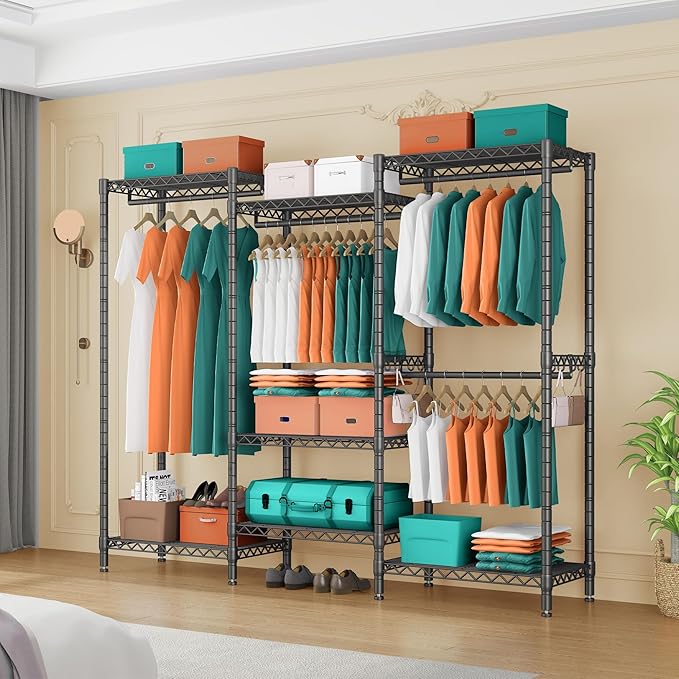 PUNION GR7 Portable Closet Wardrobe Heavy Duty Clothes Rack, Freestanding Clothing Rack with 4 Hang Rods & 7 Shelves, 2 Hooks, Adjustable Closet Rack, 69" L x 16" W x 77" H, Max Load 1200LBS, Black