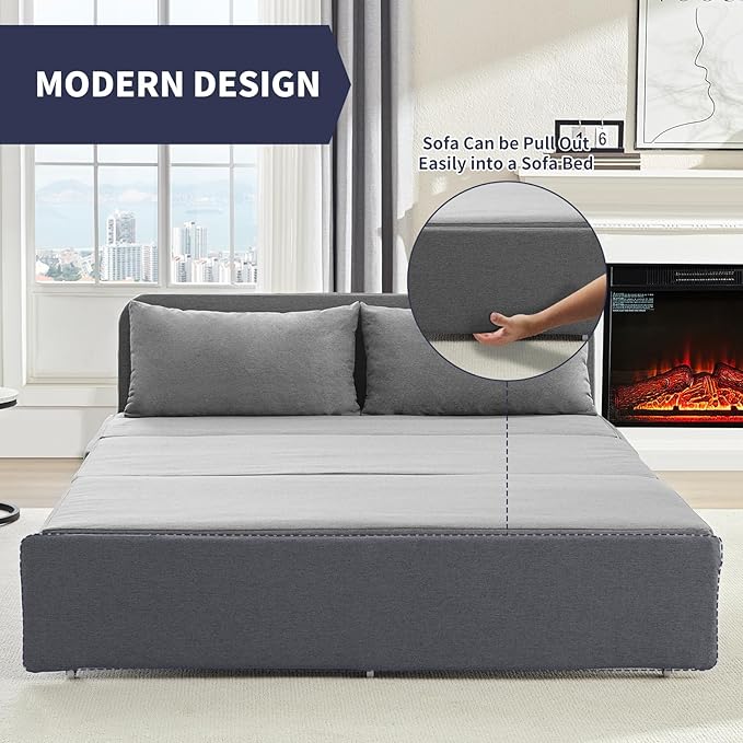Queen Sofa Bed, Modern Pull Out Sofa Bed with Cushions & Throw Pillows, Linen Couch Beds, Convertible Sleeper Sofas Beds, Loveseat for Living Room for Small Spaces, Light Gray