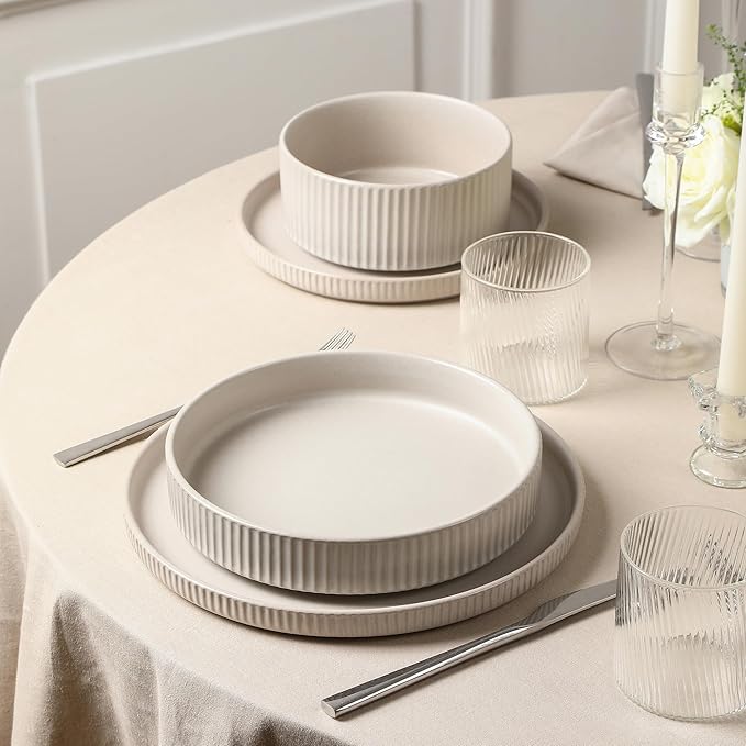 Stone Lain Haven Stoneware 16-Piece Dinnerware Set, Plates and Bowls Sets for 4, Dish Set, Includes Dinner sets, Salad Plates, Cereal Bowls, Glassware, Microwave & Dishwasher Safe, Beige