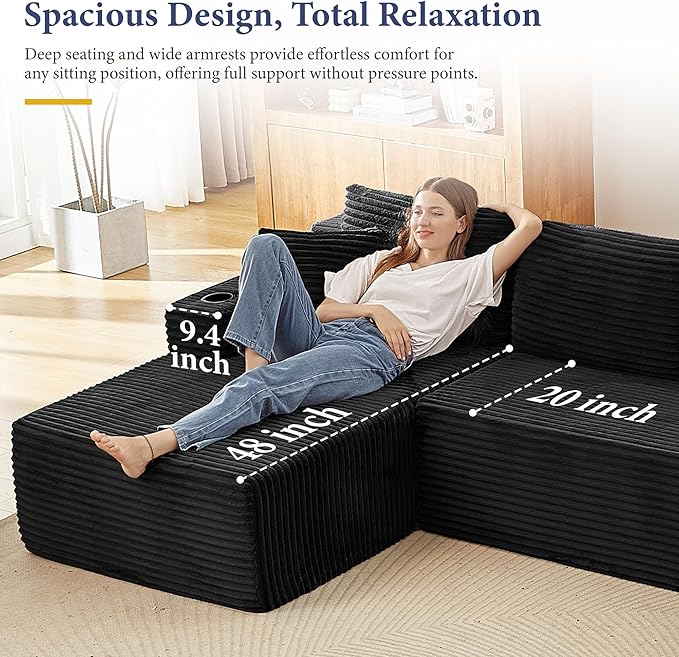 104''Sectional Cloud Couch with L Shaped Chaise,Modern Modular Sectional Sofa,Boneless Couch with Deep Seat,Comfy Couches for Living Room (Black, U Shaped)