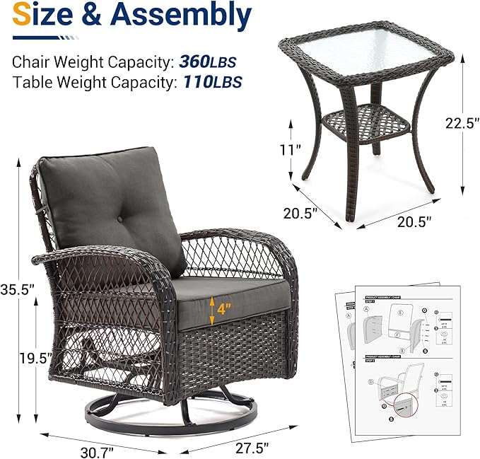 UDPATIO 3 Pieces Patio Furniture Set, Outdoor Swivel Rocker Patio Chairs Set of 2, All-Weather PE Wicker Glider Chairs with Thick Cushions and Glass Coffee Table,for Porch Deck Backyard Grey