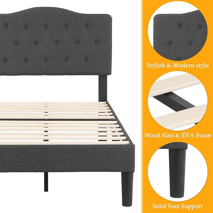 VECELO Twin Size Bed Frame Upholstered Platform with Tufted Adjustable Headboard/Mattress Foundation with Wood Slat Support, Easy Assembly,Grey