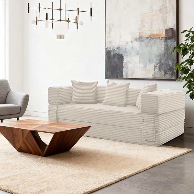 Sectional Boneless Couch Convertible Sofa Bed, 78'' Modular Sectional Sleeper Sofa with Removable Armrests & 3 Pillows, Small Floor Couch No Assembly Needed for Living Room, Office, Bedroom, Beige