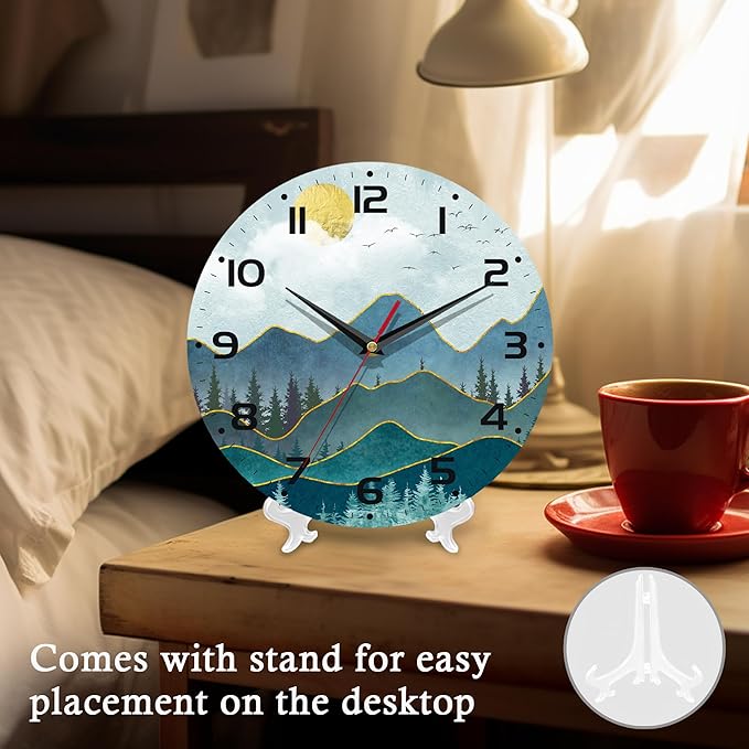 Wall Clock, 10 Inch Silent Non-Ticking Home Kitchen Decor, Battery Operated for Bathroom Bedroom Living Room Office(Abstract Mountain Sun)