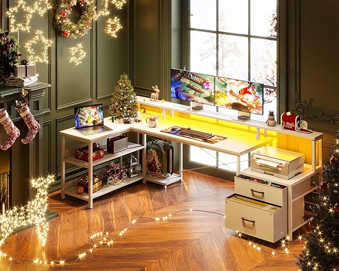 ODK L Shaped Desk with File Drawer, 75" Reversible L Shaped Computer Desk with Power Outlet & LED Strip, Home Office Desk with Storage Shelves, Gaming Desk with Monitor Shelf, Corner Desk, White