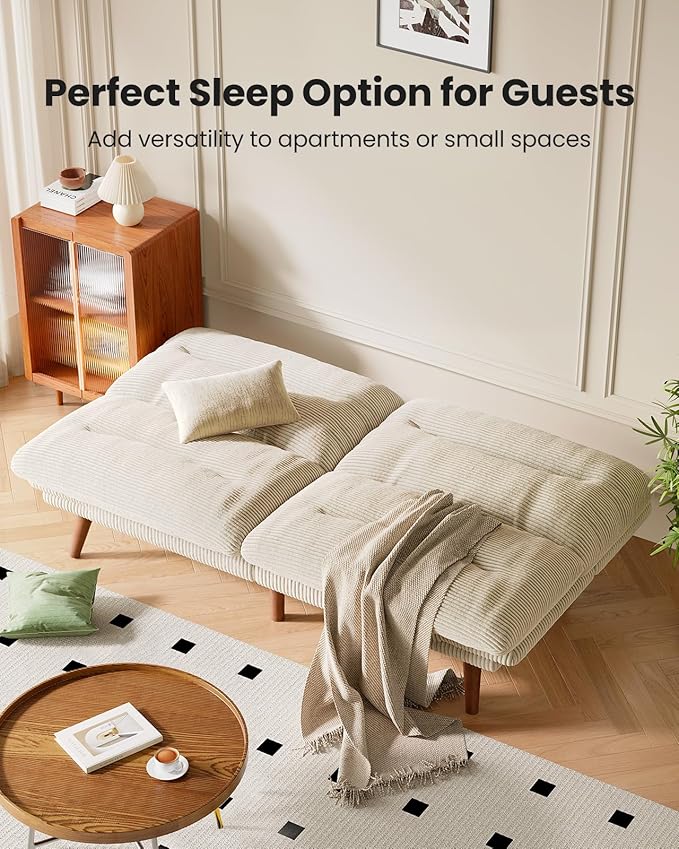 Pipishell Futon Sofa Bed, 73" Convertible Futon Couch, Adjustable Backrest & Armrests, Corduroy Recliner Sleeper Couch for Small Spaces, Living Room, Office, Guest Room (White, 73 Inch)