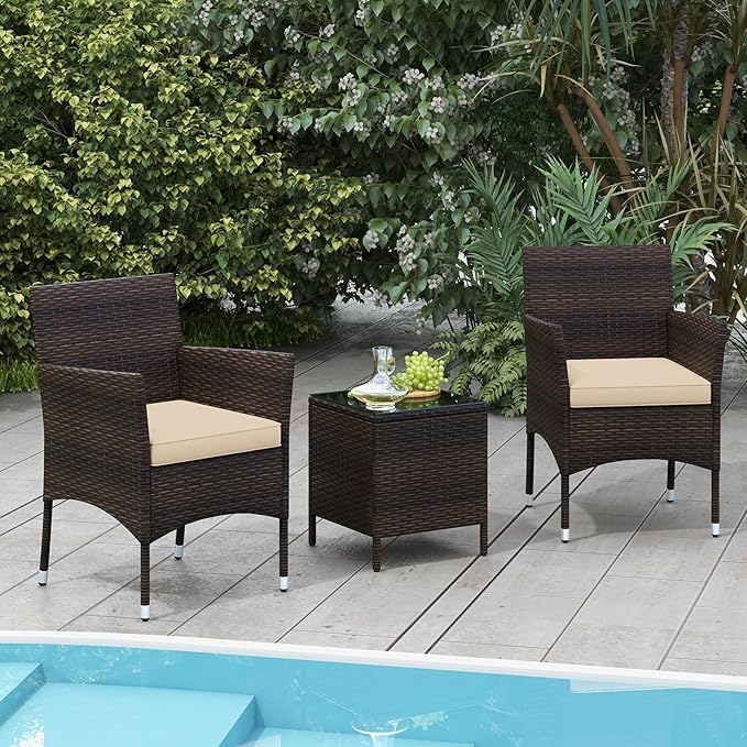 Tangkula 3 Pieces Patio Rattan Furniture Set, Outdoor Conversation Set with PE Wicker Armchairs, Tempered Glass Top Coffee Table, Soft Removable Cushions, for Porch Garden Yard Balcony (Beige)