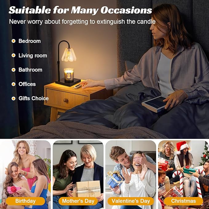 Golden Floral Candle Warmer Lamp with Timer & Dimmable Light - Adjustable Height Jar Candle Melter with Ebony Wooden Base, Home Decor Gift Set (Includes 2 Bulbs)