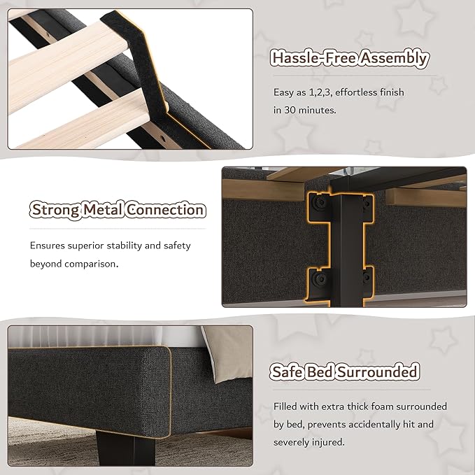 iPormis Twin Platform Bed Frame with Fabric Upholstered Headboard & Thickened Legs, Mattress Foundation with Solid Wooden Slats Support, No Box Spring Needed, Noise Free, Dark Grey