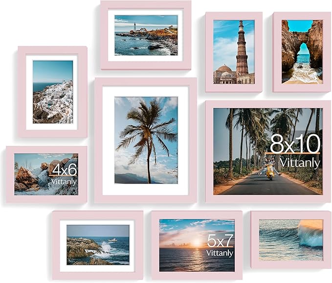 Vittanly 10 Pack Picture Frames Collage Wall Decor, Gallery Frame Set for Wall Mounting or Tabletop Display, Multi Sizes Including 2pcs 8x10, 4pcs 5x7, 4pcs 4x6, Pink