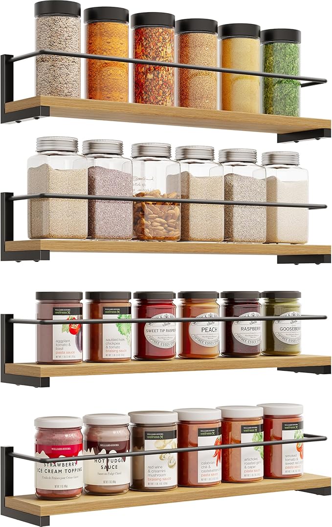 OROPY Spice Rack Wall Mounted, Rustic Wood Hanging Rack for Over The Stove, Kitchen Wall, 4 Pack
