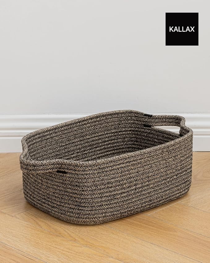 KALLAX Small Woven Basket, 14 x 10 x 5.6 Inches, Small Storage Baskets for Organizing, Gift Baskets Empty, Cute Rope Shelf Closet Storage Bins for Shelves, Dog Toy Basket, Black & Brown Mixed