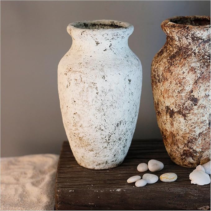 roro Handmade 7.5 Inch Rustic Farmhouse White Textured Ceramic Prunus Vase – Classic Decorative Flower Vase for Home, Office, or Shelf Centerpiece