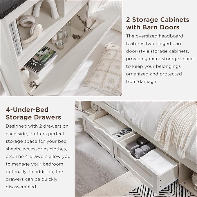 ACCOHOHO Farmhouse Full Size Bed Frame with 52" Tall Storage Headboard and LED Light, Wood Platform Bed with 4 Drawers, Charging Station, Solid Wood Slats Support, No Box Spring Needed, Antique White