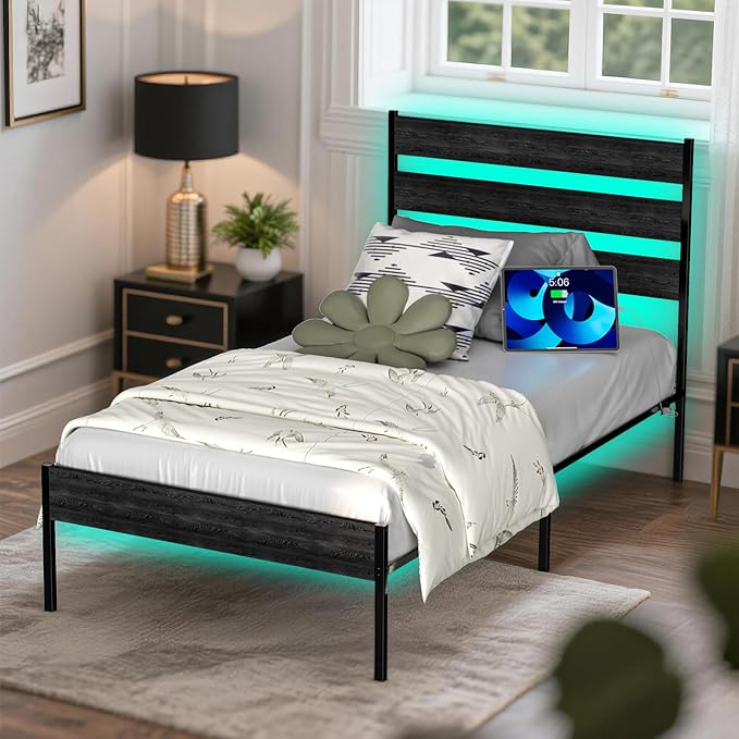 Twin Bed Frame with Headboard,Heavy Duty LED Bed Frame with USB Charging Station,Mattress Foundation-Under Bed Storage, No Box Spring Needed, Noise Free,Black