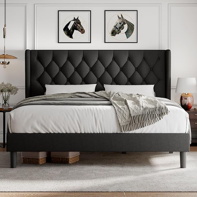 iPormis King Size Platform Bed Frame with Button Tufted Headboard, Upholstered Bed Frame with Solid Wooden Slats, 8" Underbed Space, No Box Spring Needed, Noise Free, Easy Assembly, Black