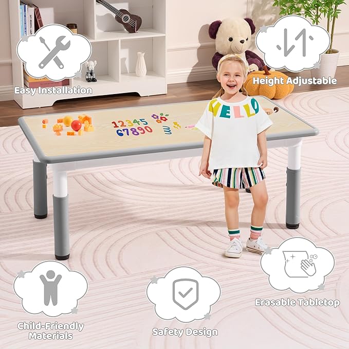 Toddler Table, 7 Level Height Adjustable Kids Play Furniture for Ages 3-8, Rectangular Plastic, 23.6" W x47.2 L, Multi-Activity Desk with Graffiti Desktop for Home & Daycare
