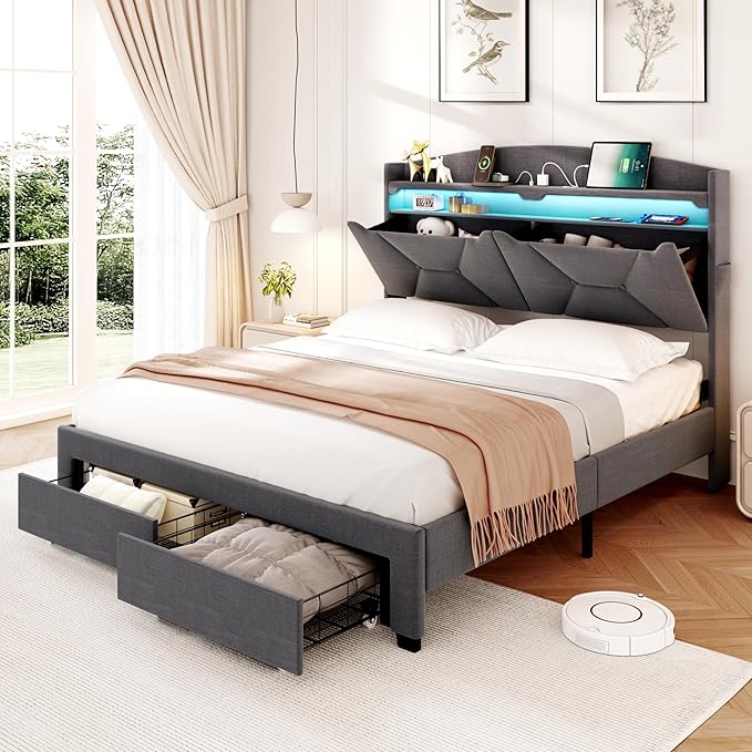 Queen Size Bed Frame, Queen Bed Frame with Storage Drawers, Upholstered Bed Queen Size with Charging Station and LED Lights, Easy Assembly, Grey