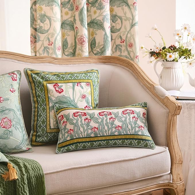 patdrea Designer Pack of 2 Square Throw Pillow Covers,French Vintage Rustic Linen with Green Floral Pattern Pillows Cover,Decorative Pillowcases Cushion for Bed Living Room Outdoor Car,18"x18"