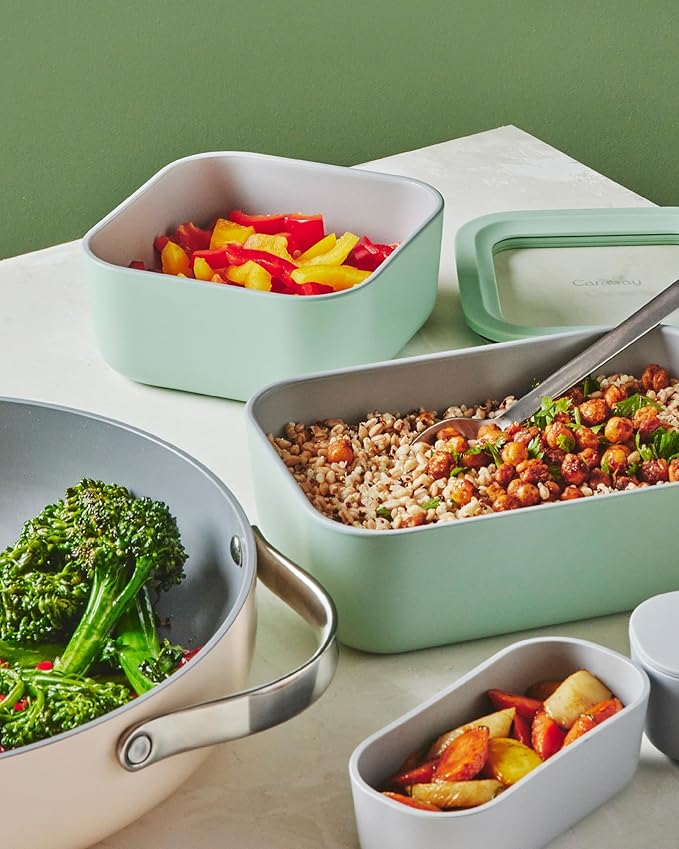 Caraway 2pc Glass Food Storage Set - 4.4 Cup Food Containers (2) - Ceramic Coated - Non Toxic, Non Stick Lunch with Lids - Dishwasher, Oven, & Microwave Safe - Sage