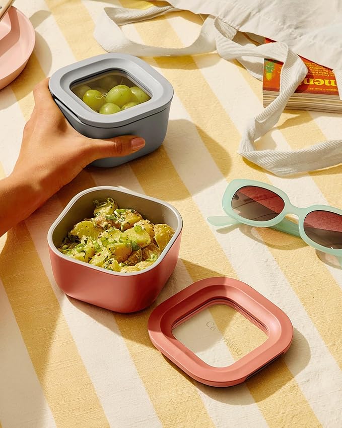 Caraway 2pc Glass Food Storage Set - 1.75 Cup Food Containers (2) - Non-Toxic Ceramic-Coated Glass - Air Release Technology - Compact & Stackable Design - Sage
