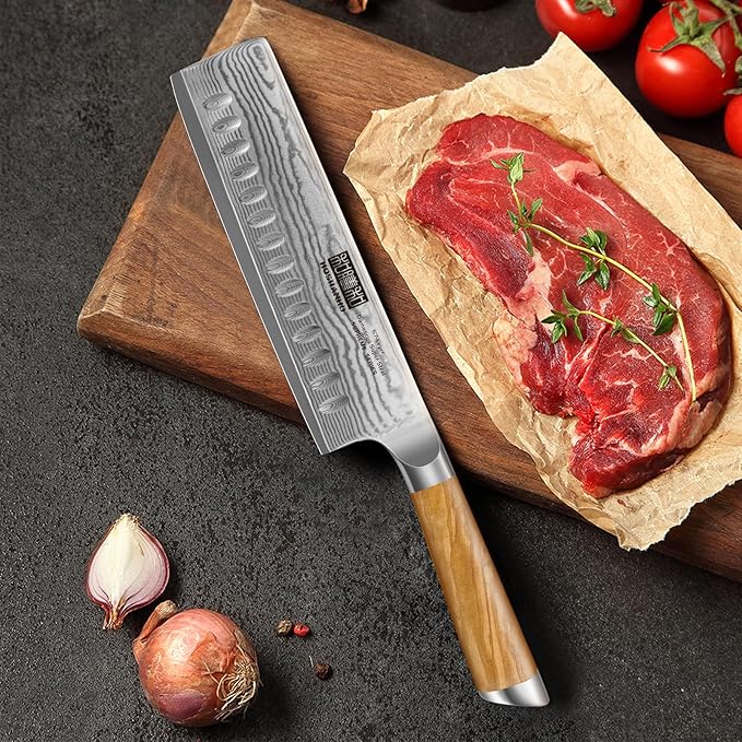 Damascus Nakiri Knife 6.5 Inch, Super Sharp Damascus VG-10 Japanese Kitchen Knife, Cleaver and Vegetable Knife with Ergonomic Olive Wood Handle