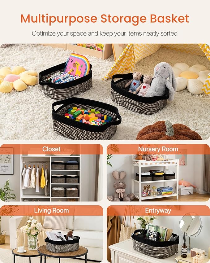 KALLAX Small Woven Basket, 14 x 10 x 5.6 Inches, Small Storage Baskets for Organizing, Gift Baskets Empty, Cute Rope Shelf Closet Storage Bins for Shelves, Dog Toy Basket, Black & Brown
