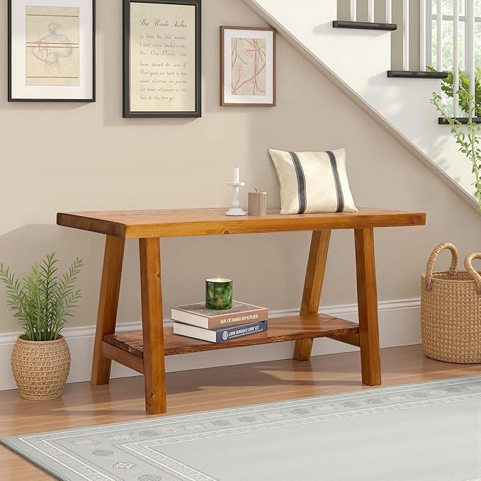 Warmiehomy Solid Wood Bench, 30” Rustic Farmhouse Entryway Bench for Living Room Dining Room Hallway Closet Room, Indoors & Outdoors Bench