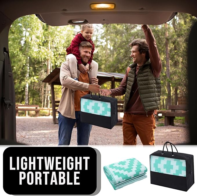 OLANLY Waterproof Outdoor Rug 5x8 ft, Outdoor Plastic Straw Rug for Camping, RV Mat Outside, Outdoor Carpet for Porch, Deck, Backyard, Balcony, Picnic, Turquoise & White