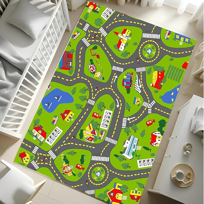 Non-Slip Town City Road Map Playmat for Boys, Perfect for Playroom and Bedroom, Car Track Mat - 9'2" x 6'7" (Rectangular)