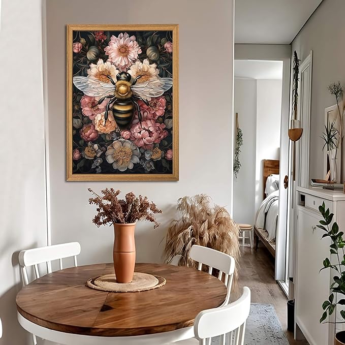 Framed Vintage 3D Textured Wall Art - Dark College Bee Flowers Wall Decor - Hand Drawn Sandstone Nature Botanical Pictures for Living Room Bedroom Home Decor 24x36in