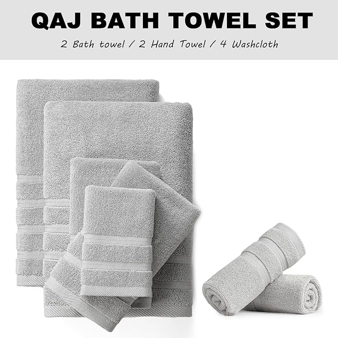 8-Piece Bath Towels Set, 100% Cotton Thick Soft Highly Absorbent Durable, Quick Dry, Bathroom Towels Set (2 Bath Towels, 2 Hand Towels, 4 Washcloths) - Perfect for Daily Use